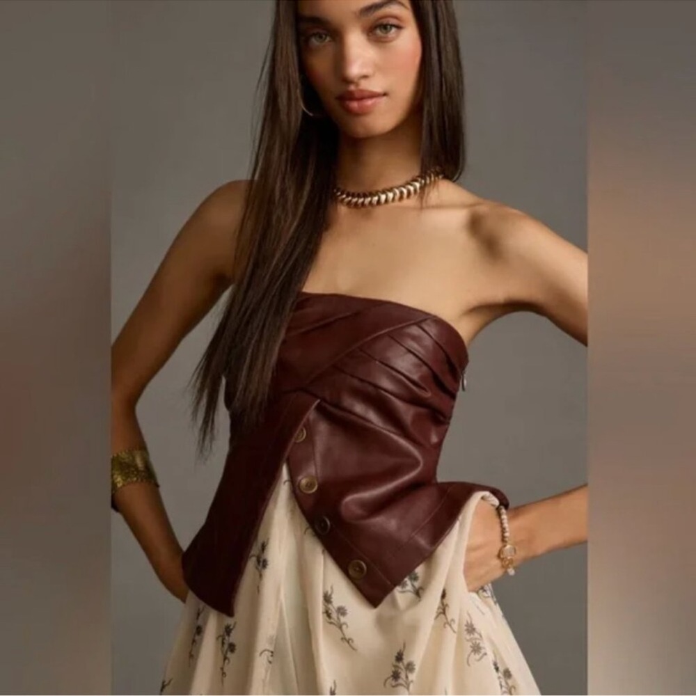 Women's Brown Leather Strapless Jacket